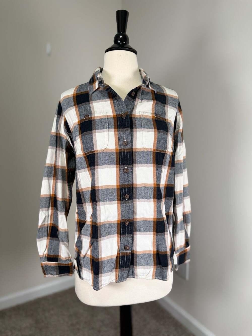 Duluth Trading Co Plaid Flannel Shirt Size XS White Brown Cotton Utility Autumn